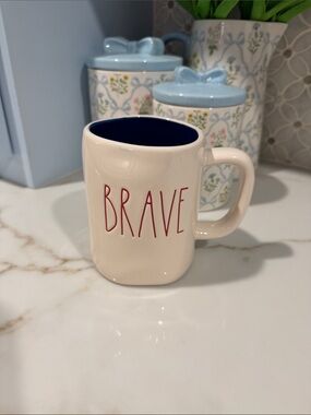 Rae Dunn Brave Ceramic Accent Mug - Cream Exterior with Navy Interior